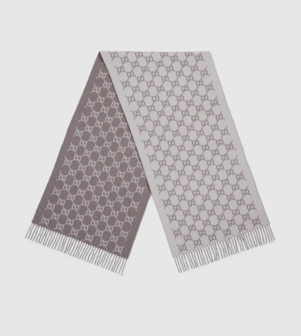 Bonnet et Écharpe en jacquard de cachemire GG ivoire et gris clair