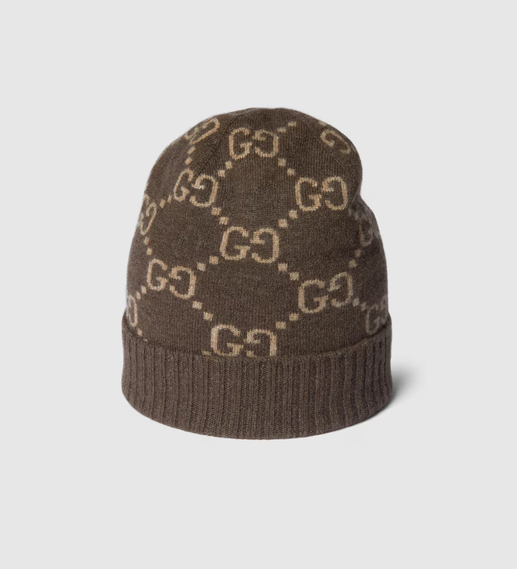 Bonnet et Écharpe en jacquard de cachemire GG marron et beige