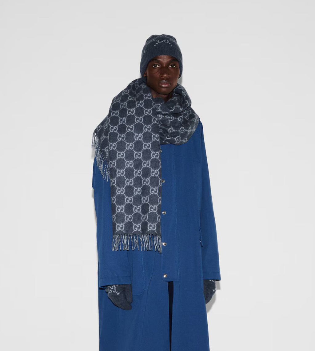 Bonnet et Écharpe en jacquard de cachemire GG bleu marine et bleu clair