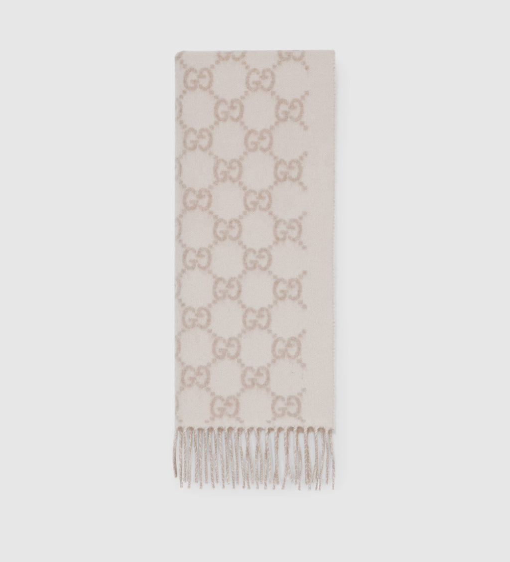 Bonnet et Écharpe en jacquard de cachemire GG blanc cassé et beige